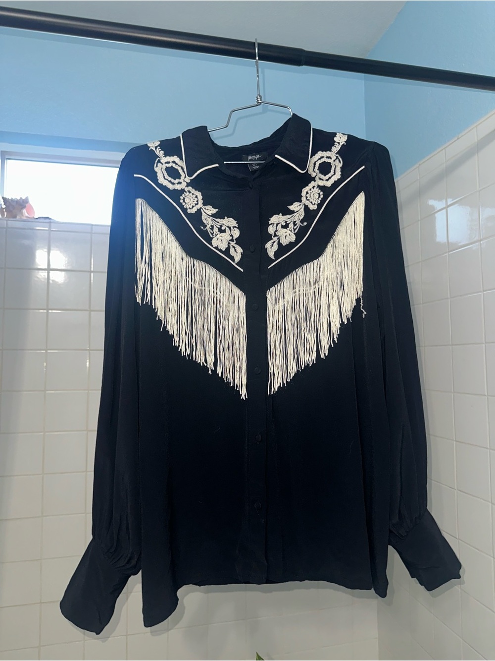 Nasty Gal Black Button-Down Shirt with White Embroidered Yoke & Fringe